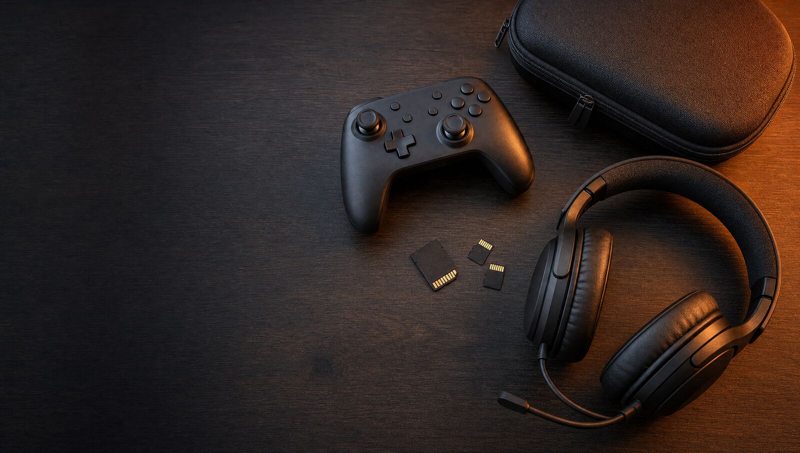 Accesorios gaming sobre mesa de madera oscura